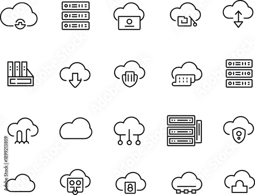 Cloud computing icon set, minimal line art, cloud services symbols, storage security, server networking, synchronization, backup, SaaS, DevOps, API integration