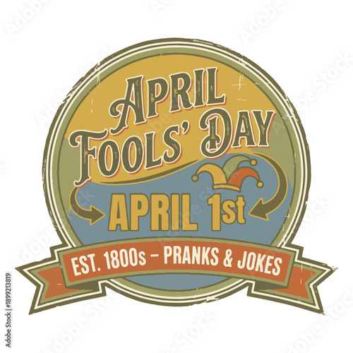 April Fools' Day logo with jester hat and colorful design elements, celebrating pranks and jokes on April 1st with a vintage feel and playful typography.