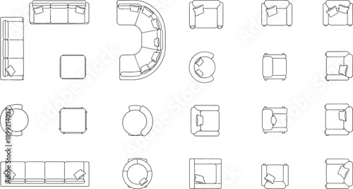 Top view furniture floor plan illustration set, sofa armchair seating layouts, interior design line art vector collection