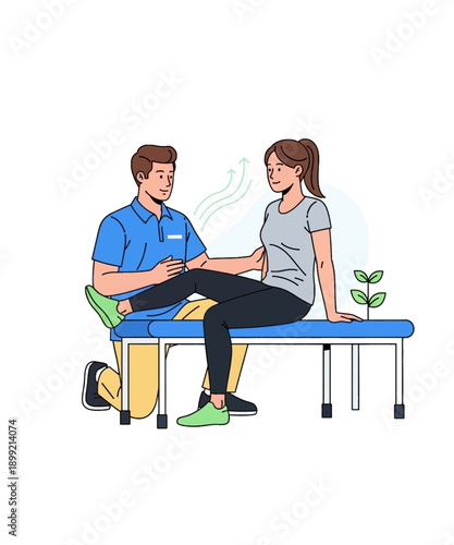 Physical therapist assisting a female patient with leg stretching exercises during a rehabilitation session promoting recovery and movement on white background