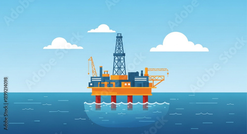 Offshore oil rig platform in the ocean under a blue sky with clouds.