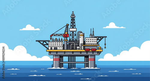 Offshore oil rig platform in the ocean under a blue sky with clouds.