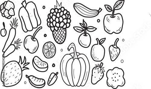Hand Drawn Fruit and Vegetable Icon Set with Apple Strawberry and Pumpkin Doodles