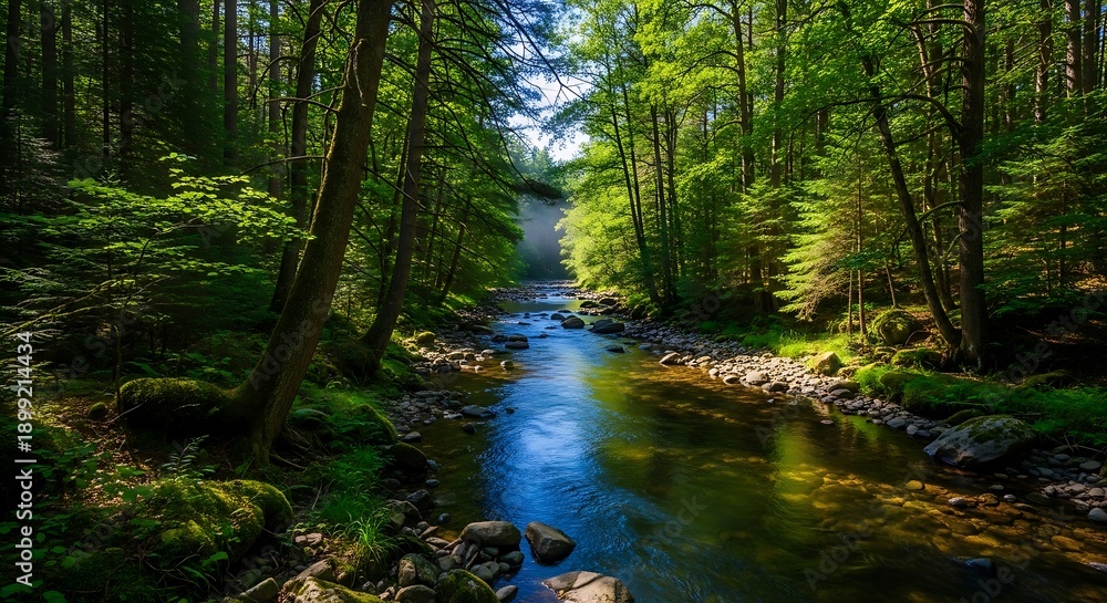 Obraz premium Tranquil Forest Stream Flowing Through Lush Green Trees and Sunlight Rays