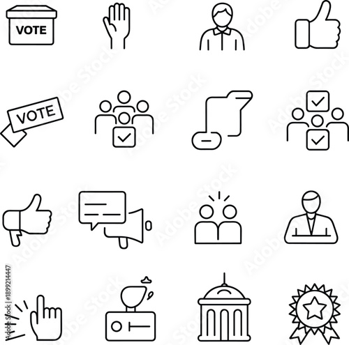 Voting icons for civic engagement, ballot box, voter participation, election communication, leadership symbols, community decision making, democratic process illustration concepts