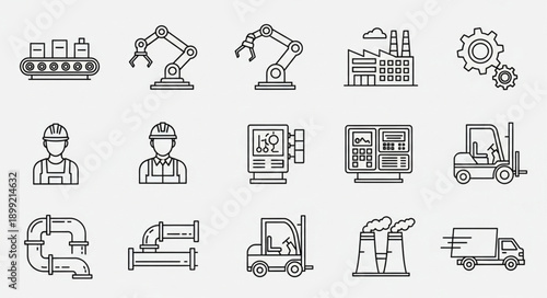 Industrial icons set for manufacturing and production processes.