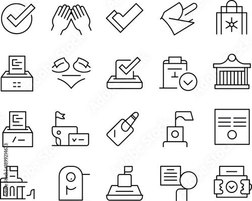 Election voting line icons set, ballot box, check mark, government building, democracy symbols, civic process outline illustration collection
