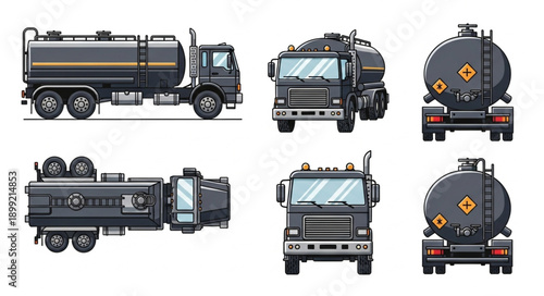 Collection of tanker trucks in various views and perspectives.
