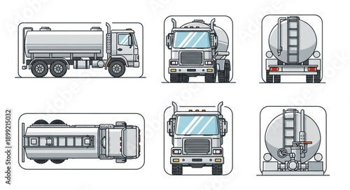 Set of tanker truck illustrations in different views.