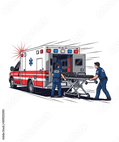 Emergency medical technicians are rapidly loading a collapsible gurney into the rear of an operational ambulance after responding to a critical call on white background