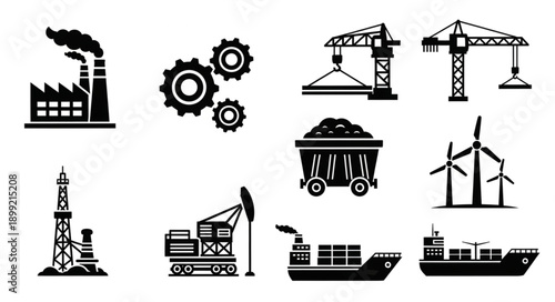 Collection of industrial and manufacturing icons and symbols.
