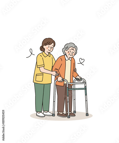 Kind caregiver assists elderly woman using a metal walking frame for mobility support and rehabilitation exercises on white background