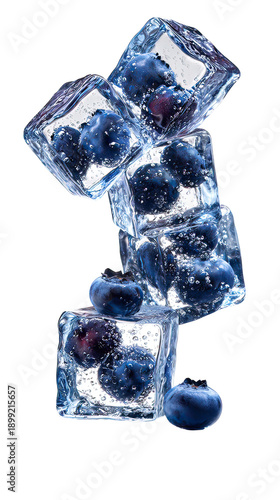 A stack of ice cubes with blueberries on transparent background