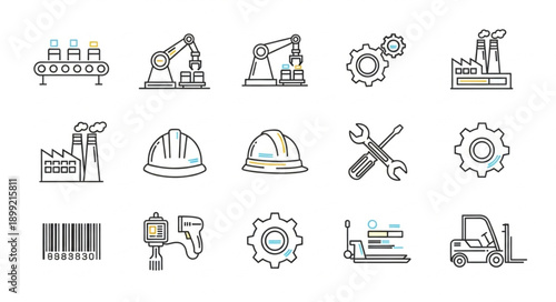 Industrial Icons Set Factory Machinery Tools Manufacturing.