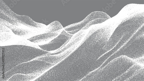 Abstract landscape of white dots forming undulating hills and valleys against a gray background particles