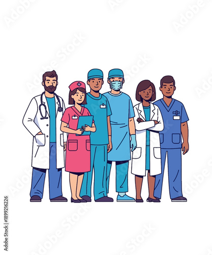Diverse group of medical professionals including doctors and nurses standing together representing a dedicated healthcare team ready for service on white background