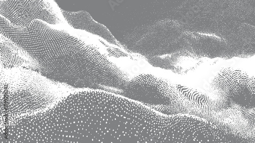 Abstract grayscale landscape of undulating dot patterns resembling terrain dots points texture