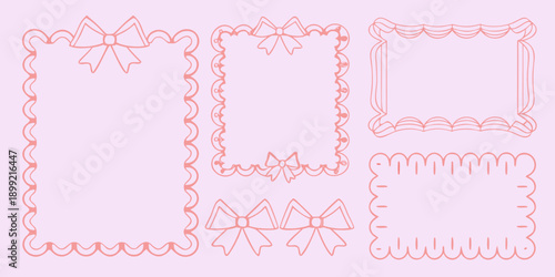 Delicate pink frames and borders with decorative bows and scalloped edges