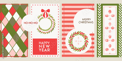Festive christmas and new year patterns with wreaths bows and text