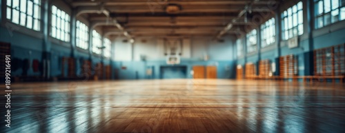 School sports hall with a wooden floor and large windows  