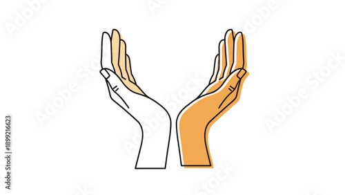 Minimalist illustration of two cupped hands in a protective or giving gesture, depicted in a simple black outline and orange color block style on a white background.