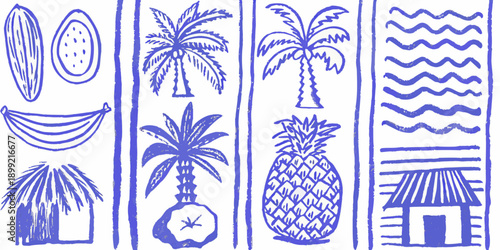 Tropical botanical illustration featuring palm trees fruit and coastal huts