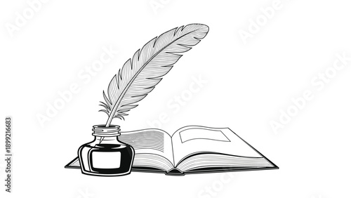 Vintage engraving style illustration of a feather quill pen in an inkwell next to an open book, symbolizing writing, poetry, and classic literature.