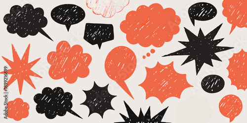 An arrangement of diverse hand drawn speech bubbles in red and black hues
