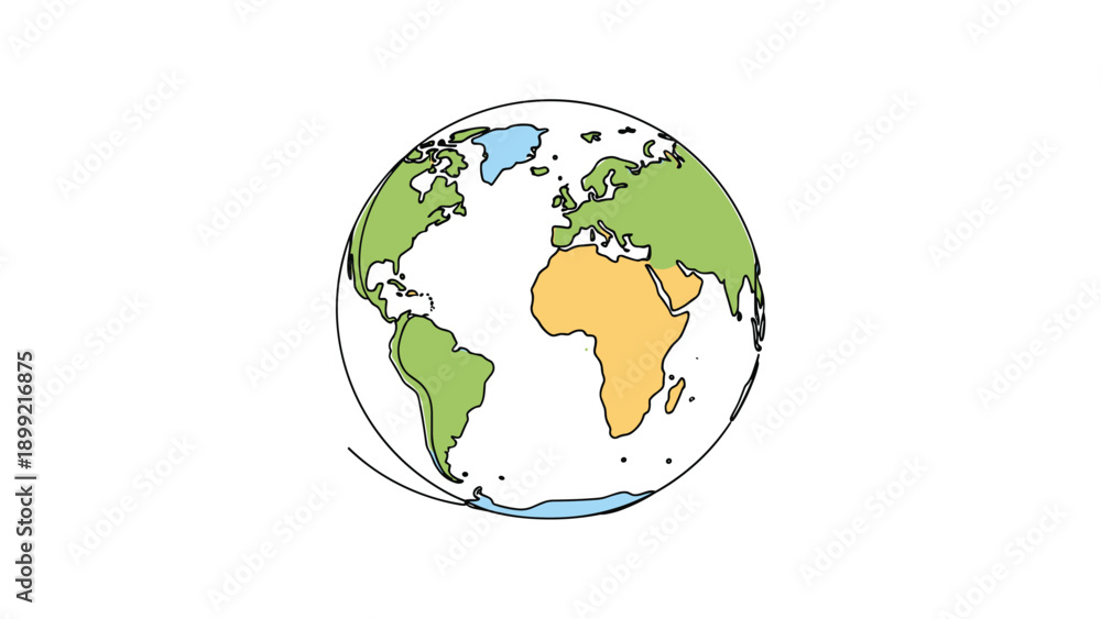 Fototapeta premium Minimalist continuous line drawing of planet Earth with colorful continents, symbolizing global unity, travel, and environmental awareness on a white background.