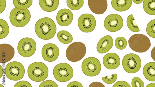 Seamless vector background pattern with fresh, juicy kiwi fruit, featuring both whole and sliced pieces in a vibrant and scattered design perfect for summer themes.