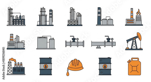 Industrial factory and oil industry icons set.