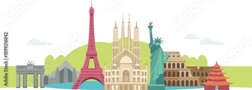 Famous Global Landmarks Illustration Featuring Eiffel Tower Statue of Liberty Taj Mahal Colosseum and World Monuments for International Travel Tourism Design