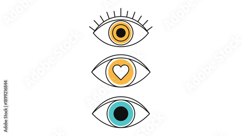 Set of three minimalist evil eye icons in a modern line art style, featuring symbols of protection, vision, and love with a heart, isolated on a white background.