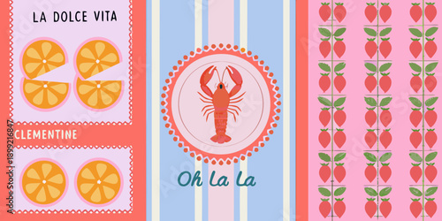 Stylized postcard design featuring citrus fruits a lobster and vintage text