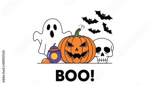 Fun and spooky Halloween illustration with a ghost, jack-o'-lantern, skull, and bats, featuring the word "BOO!" for a festive and playful holiday design.