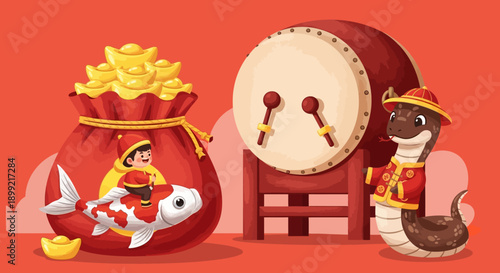 A cartoon boy rides a white fish on a treasure bag with gold coins next to a drum and a snake in a festive scene.