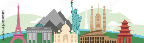 Famous Global Travel Landmarks Illustration Featuring Eiffel Tower Statue of Liberty Taj Mahal Colosseum and World Monuments for International Tourism Design