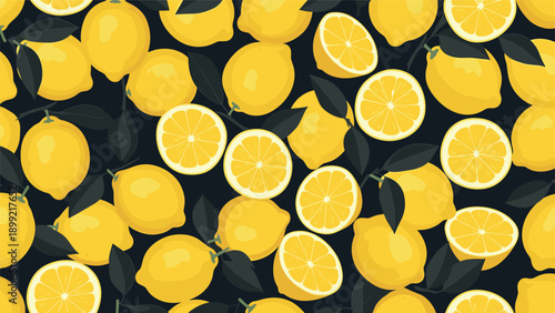 Vibrant seamless pattern of whole and sliced yellow lemons with dark leaves on a black background, creating a bold and fresh citrus-themed design for any project.
