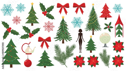 Large collection of festive Christmas design elements, including decorated trees, snowflakes, holly, poinsettias, and red bows for holiday-themed projects.