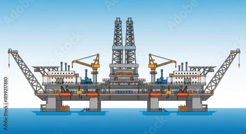 Offshore oil rig platform in the ocean under a clear blue sky.