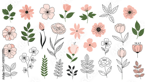 Large collection of hand-drawn flowers and leaves in a delicate, sketchy style, featuring pink blossoms and green foliage for beautiful botanical design projects.