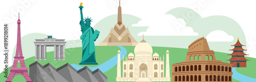 Famous World Landmarks Travel Illustration Featuring Eiffel Tower Statue of Liberty Taj Mahal Colosseum and Great Wall for Global Tourism Design