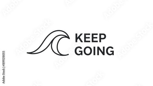 Inspirational "Keep Going" quote with a minimalist wave icon, creating a simple and modern motivational logo or design element in a clean black line art style.