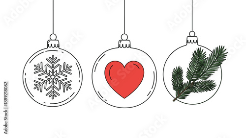 Set of three minimalist Christmas bauble ornaments with a snowflake, red heart, and fir branch inside, illustrated in a clean and modern line art style.