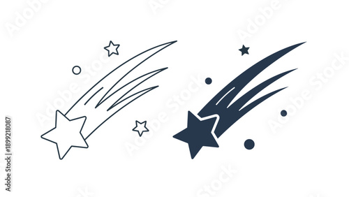 Set of two shooting star icons, one in a simple black outline and the other a solid silhouette, representing wishes, magic, and cosmic events in a clean design.