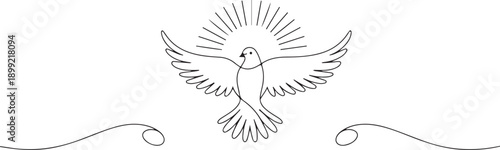 Holy spirit dove with sun rays and continuous line art style for spiritual and peace concept design