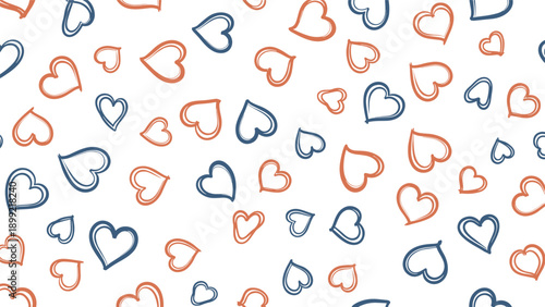 Seamless romantic pattern with scattered, hand-drawn brush stroke hearts in blue and terracotta, creating a playful and artistic background for cards or textiles.