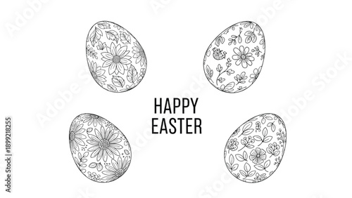 Happy Easter greeting card design with four intricately hand-drawn Easter eggs, each decorated with delicate floral and leafy patterns in a clean line art style.