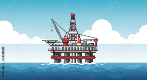 Offshore oil rig platform in the ocean under a cloudy sky.