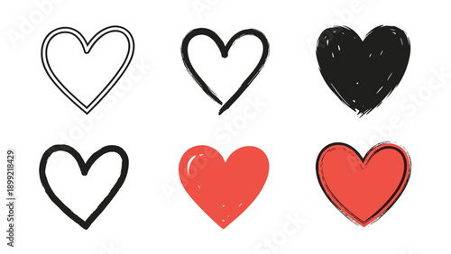 Collection of six cute, hand-drawn hearts in a playful doodle style, featuring black outlines, scribbled textures, and solid red fills for a charming, rustic feel.